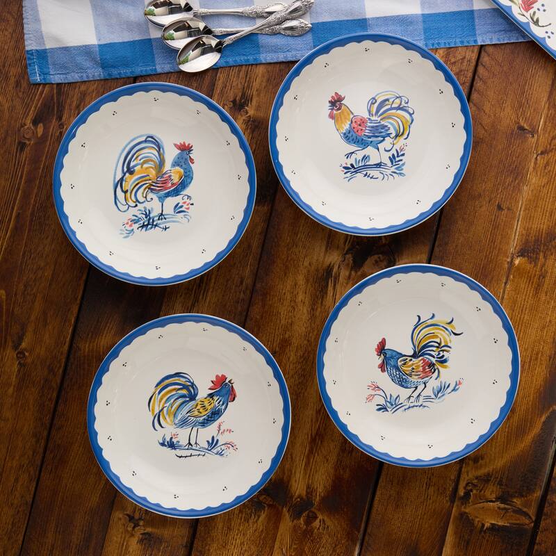 Certified International French Rooster 9" Soup/Cereal Bowls, Set of 4 Assorted Designs - 9.00"L x 9.00"W x 2.00"H