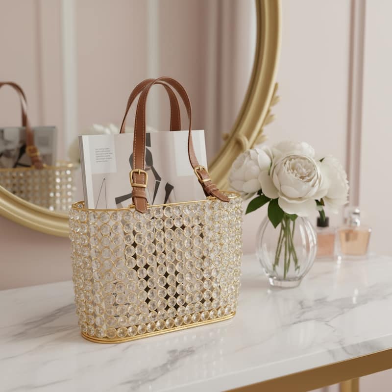 HomeRoots 11" Clear And Gold Crystals And Metal Magazine Holder - Product