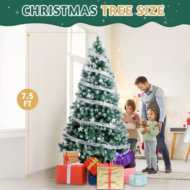 7.5 FT Artificial Snow Tipped Christmas Tree with DIY 350 Warm Lights Remote Control Silver Ribbon Ornaments - 7.5 ft