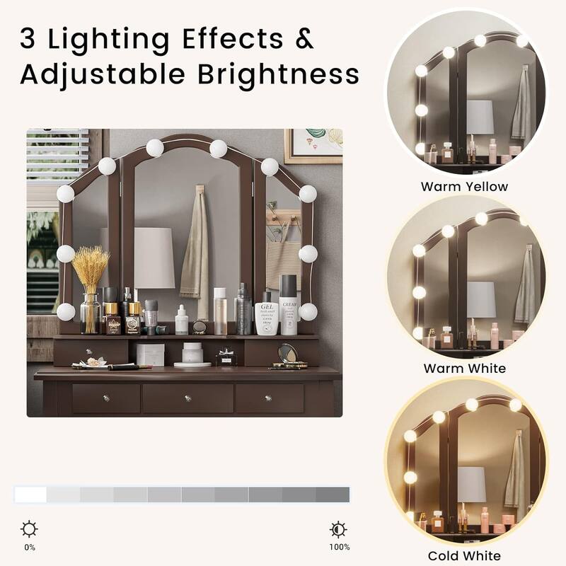 Vanity Desk Set Makeup Vanity Lighted Tri-fold Mirror and Stool
