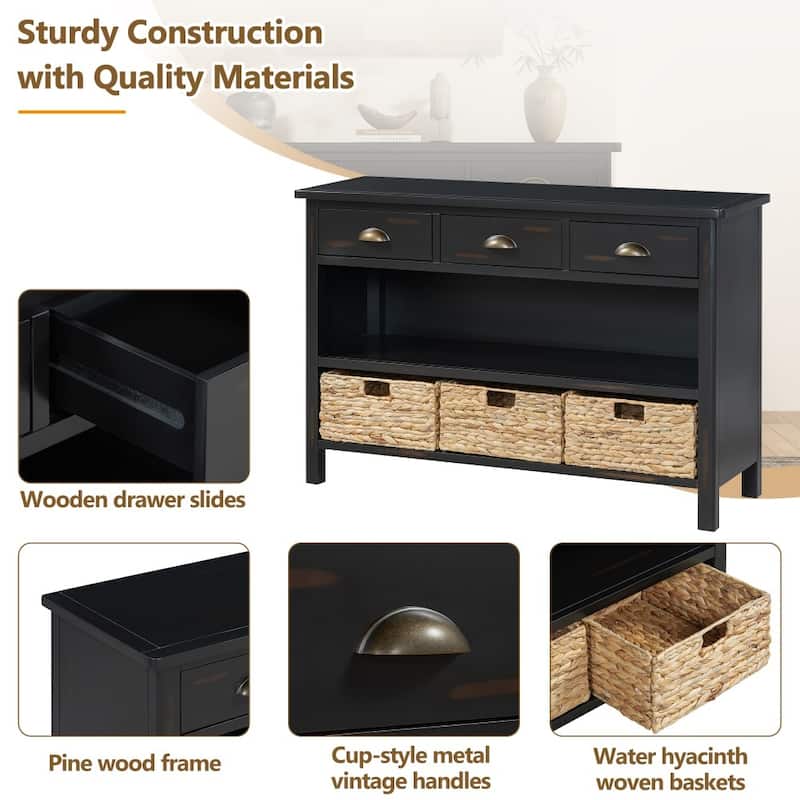 Retro Wooden Console Table with 3 Storage Drawers and Woven Baskets for Entryway