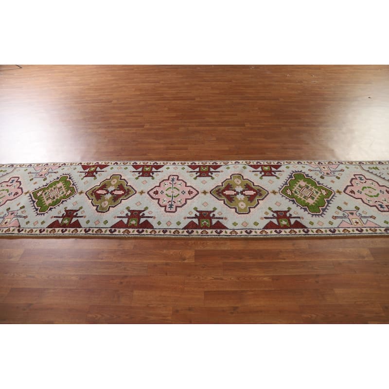 Geometric Blue Kazak Indian Runner Rug Handmade Wool Carpet - 2'7"x 11'5"