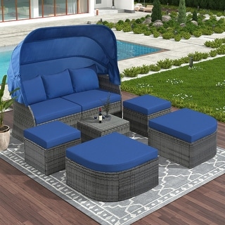Outdoor Patio Daybed with Canopy Conversation Set Wicker Sofa Set
