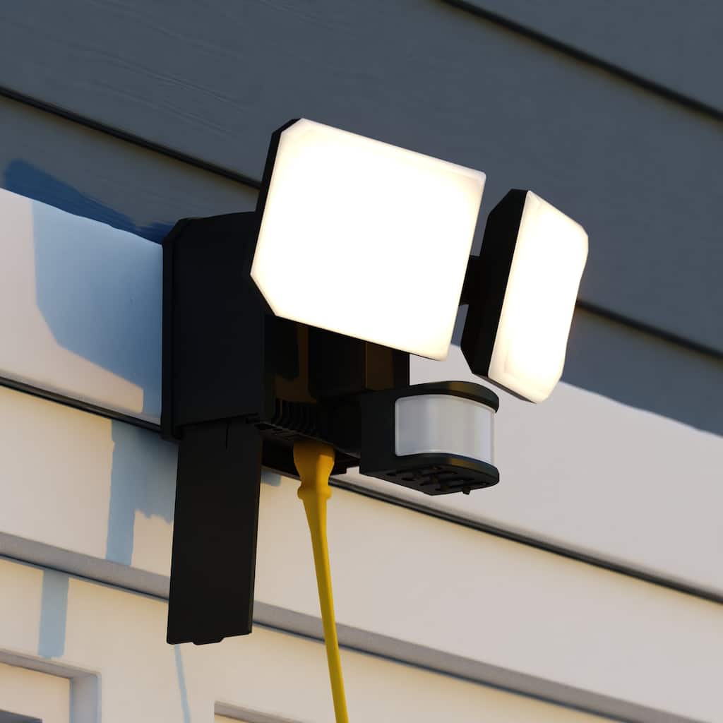 VAXCEL 2-Head Black Motion Sensor Dusk to Dawn Outdoor Security Flood Light with GFCI Outlet , Adjustable LED Heads