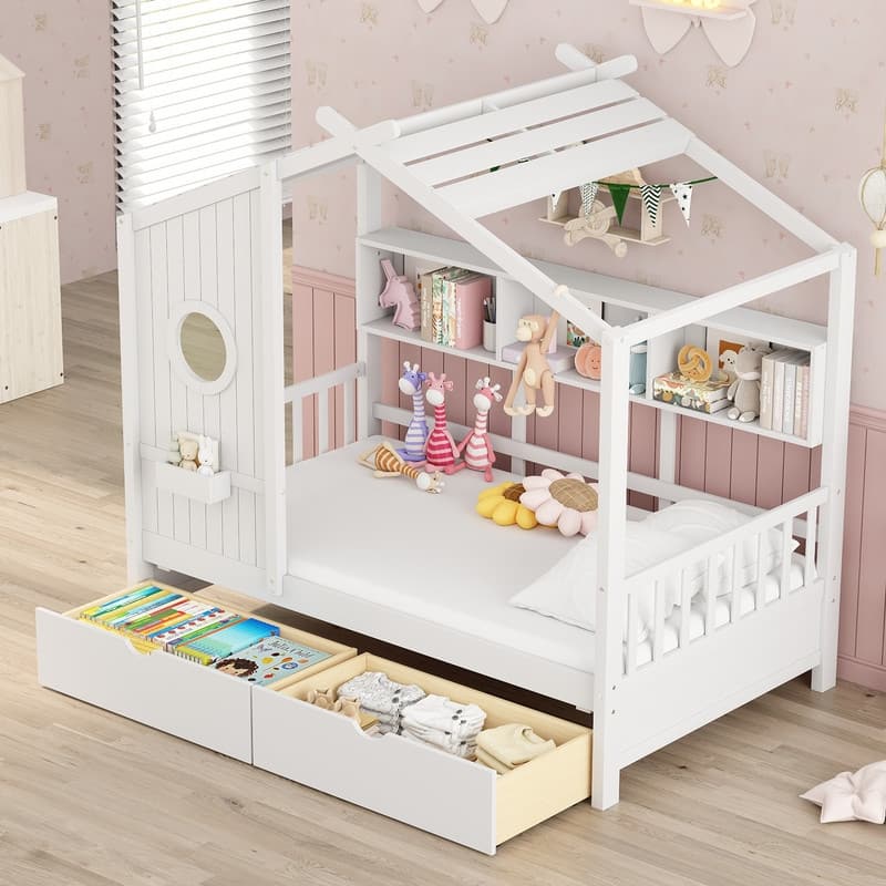 Twin Size Wooden House Bed with 2 Drawers, Storage Shelf