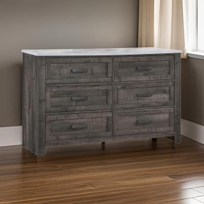 Romy 59 Inch Wide Dresser, 6 Drawers, Rustic Farmhouse Gray and White Wood