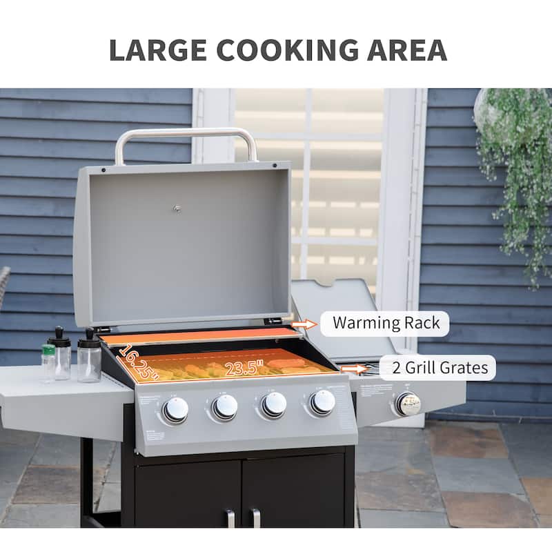 Outsunny 4+1 Burner Liquid Propane Gas Grill Outdoor Cabinet Style BBQ Trolley w/ Side Burner, Warming Rack, Thermometer