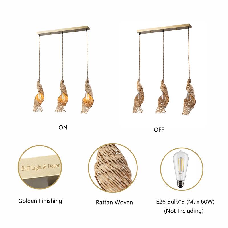 Dena 3-Light Modern Rattan Kitchen Island Pendant Light - 24 Inch Wide
