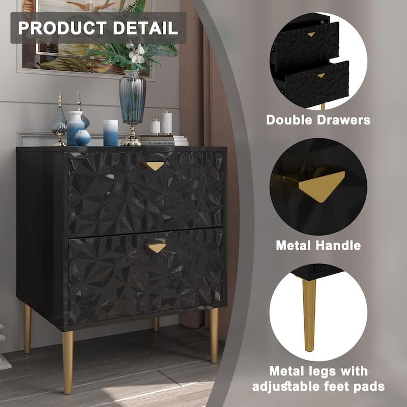 Clihome 2 Drawers High Gloss Storage Accent Nightstand for Bedroom