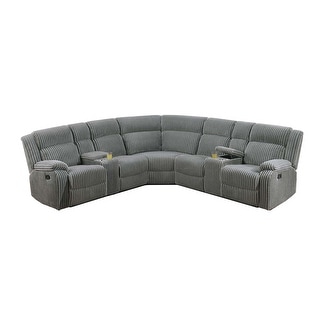 Fur-Like Corduroy Upholstered Manual Motion Sectional with 2 Consoles in Smoke