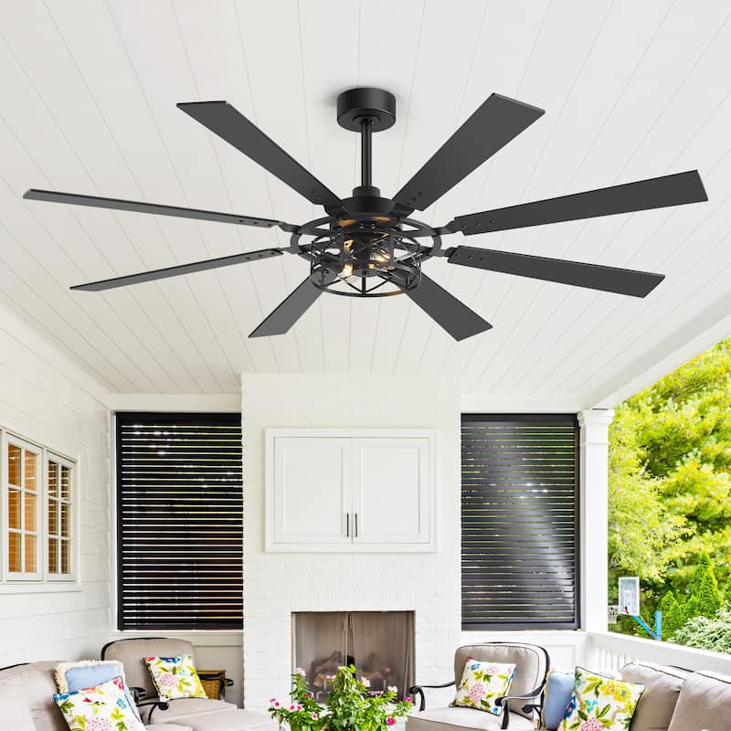 52"/65" Industrial Reversible Wood 5/8-Blade Cage Ceiling Fan with Light Kit and Remote