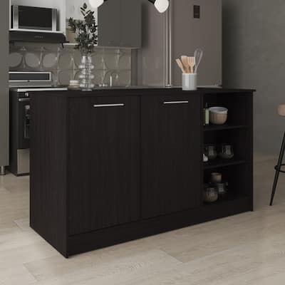 Stationary Kitchen Island with Large Prep Surface, Dual Cabinets, Hidden Shelving & Seating Clearance for Dining
