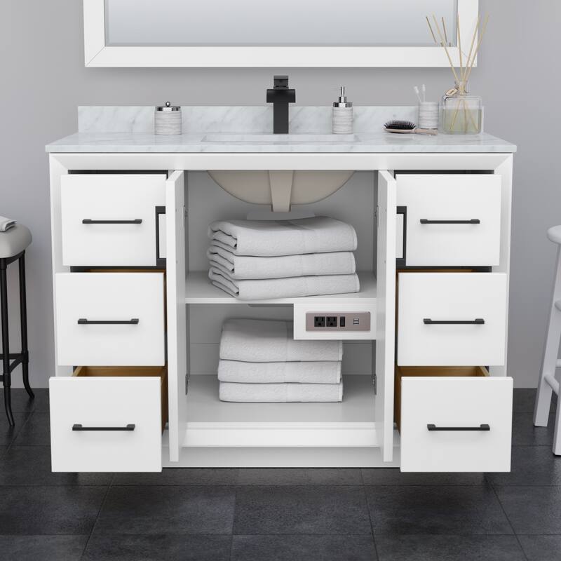 Strada 48-Inch Single Vanity Set, Carrara Marble Top, 46-Inch Mirror