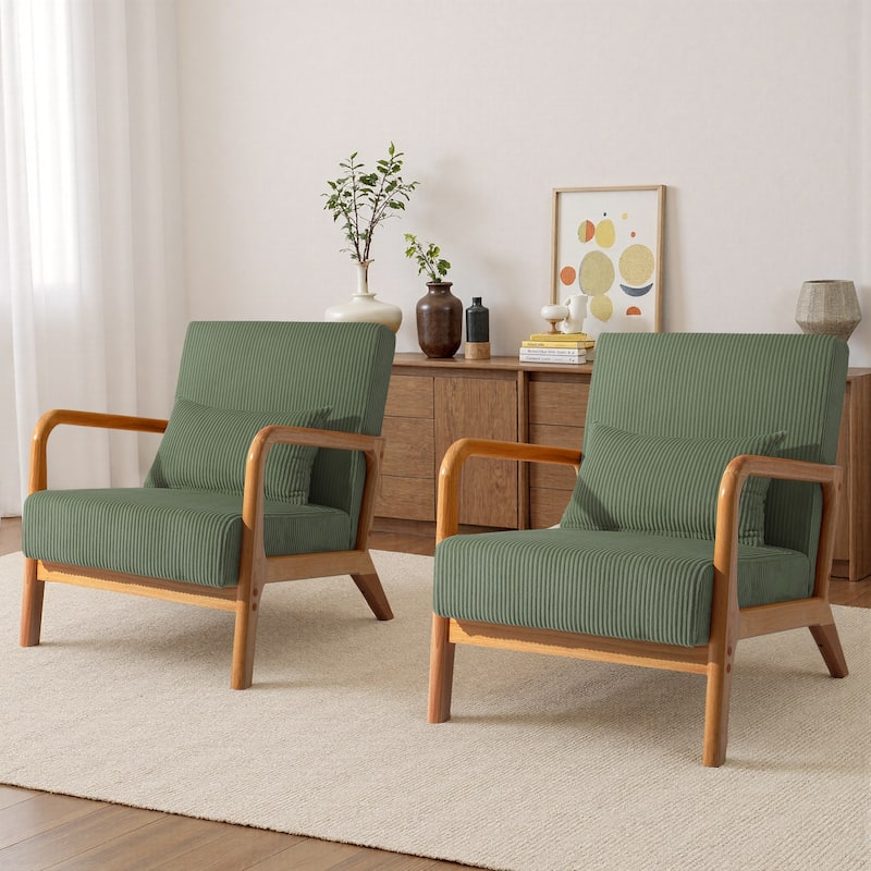 25" W Mid Century Upholstered Wood Accent Chair with Pillow set of 2 - Dark Wood - Grey Green