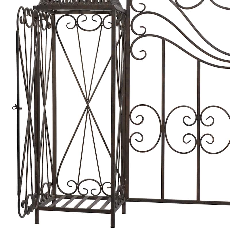Metal Indoor Outdoor Scrollwork Arched Gate Garden Arbor with Pillars and Latch Lock Closure - Black - Roche River Decor