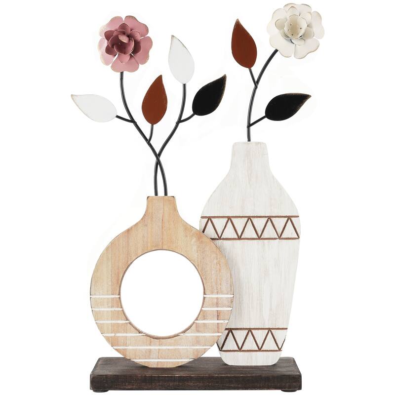 Multi Colored Wooden Patterned Vase Floral Decorative Sculpture with Metal Accents (Set of 3)