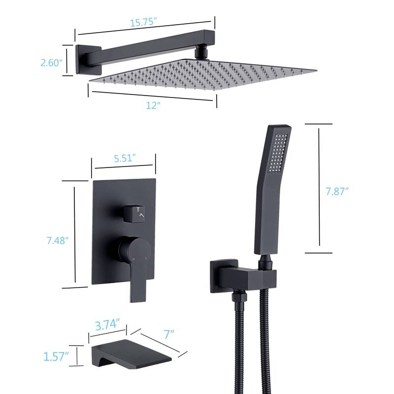 12 Inch Shower System With Waterfall Tub Spout And Handheld Sprayer Rain Wall Mount Tub Shower Faucet Set With Rough-in Valve