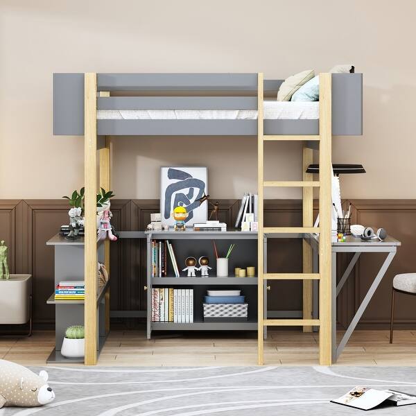 slide 2 of 16, Full Size Wood Loft Bed with Built-in Storage Cabinet and Cubes, Foldable Desk Gray