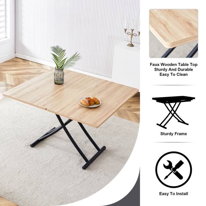 Space-Saving 5-Piece Dining Set, Height Adjustable Square Wood Table & 4 Linen Upholstered Chairs with Metal Legs