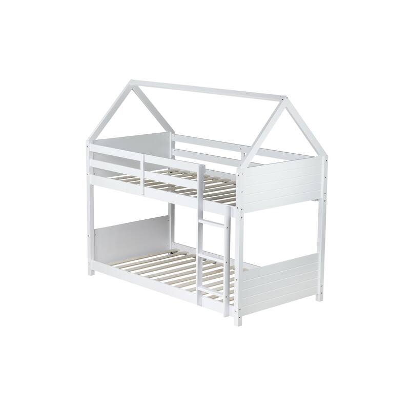White Twin Over Twin House-Shaped Bunk Bed with Headboards, Footboards & Safety Guardrails