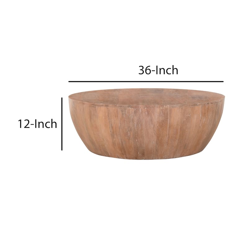 Arthur Drum Shape Wooden Coffee Table with Plank Design Base, Distressed Brown