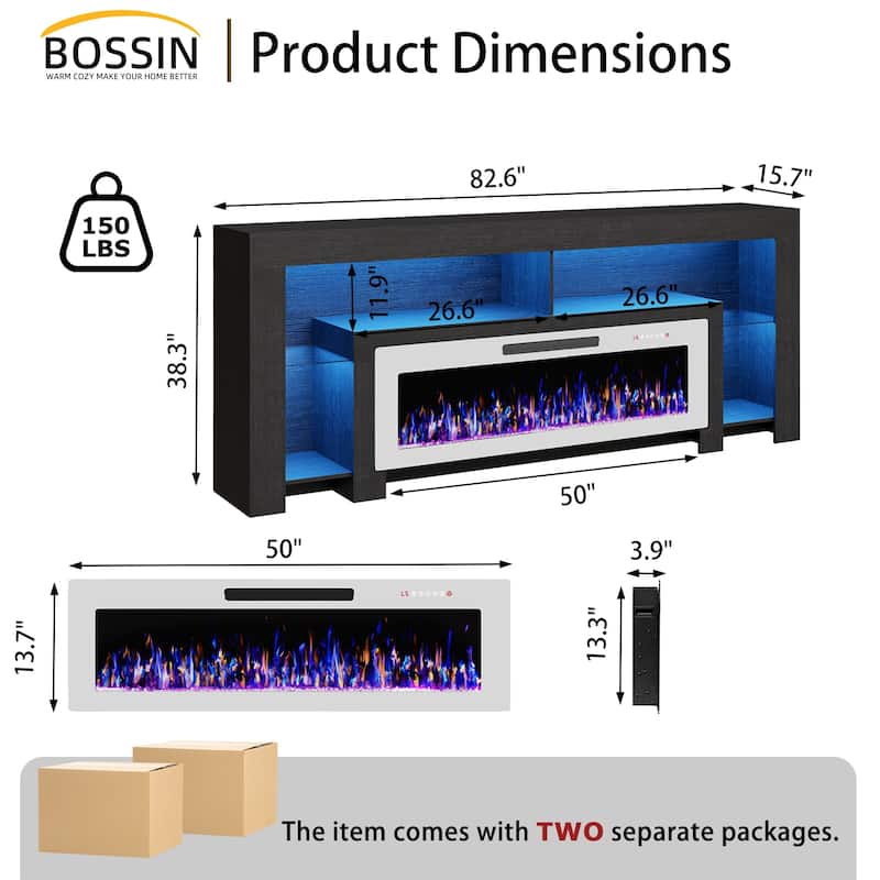 BOSSIN 82" Electric Fireplace TV Stand Entertainment Center, High Gloss with LED Lights, Holds TVs Up to 90 Inches, White