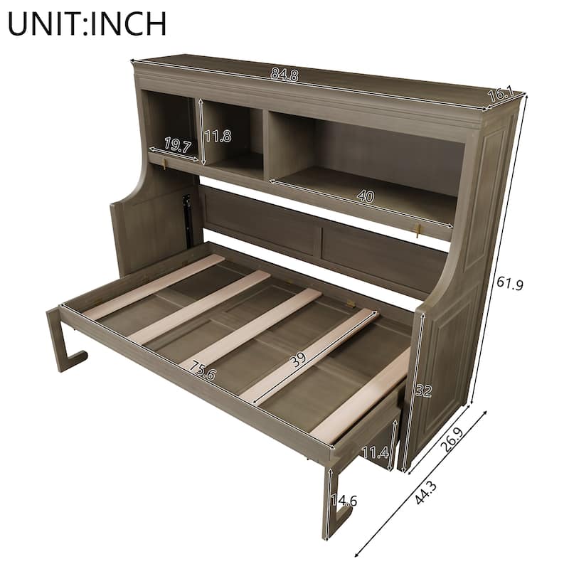 GDFStudio - Modern Wooden Twin Murphy Bed with Desk and Storage Shelves