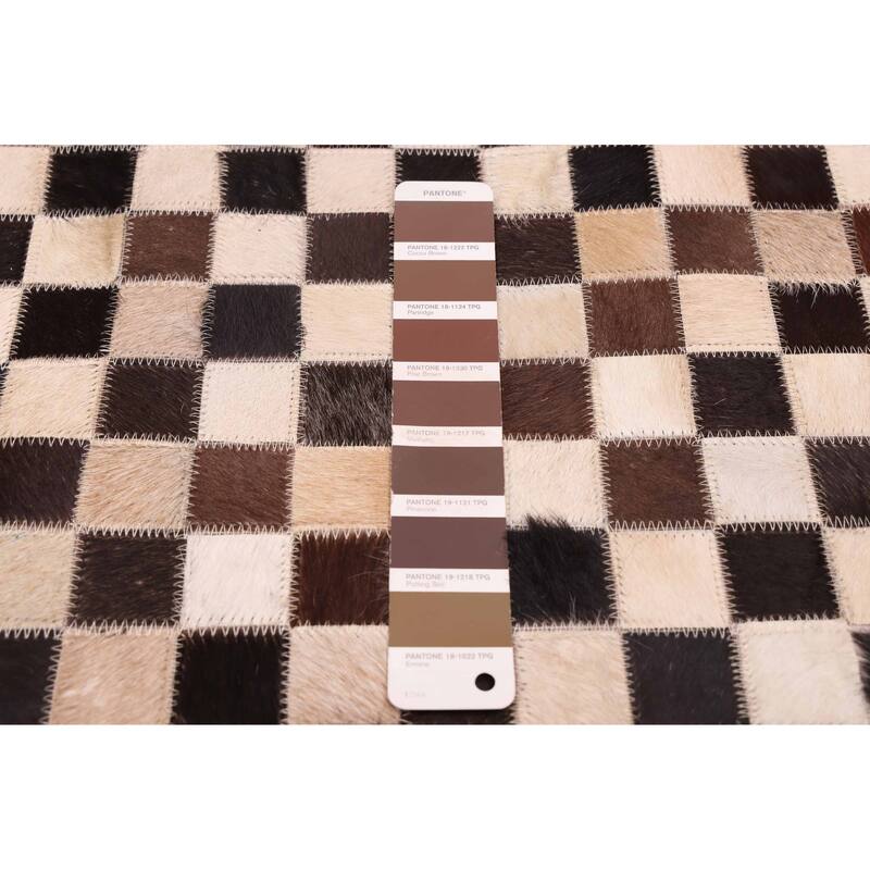 ECARPETGALLERY Handmade Cowhide Patchwork Dark Brown, Ivory Leather Rug - 7' x 7'