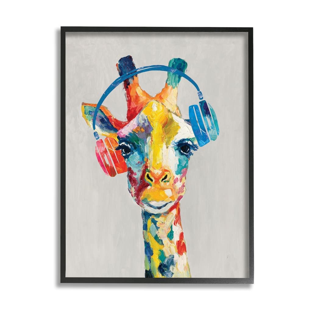 Stupell Giraffe Headphone Listening Music Contemporary Jungle Portrait Framed Wall Art, Design by Cloverfield & Co.