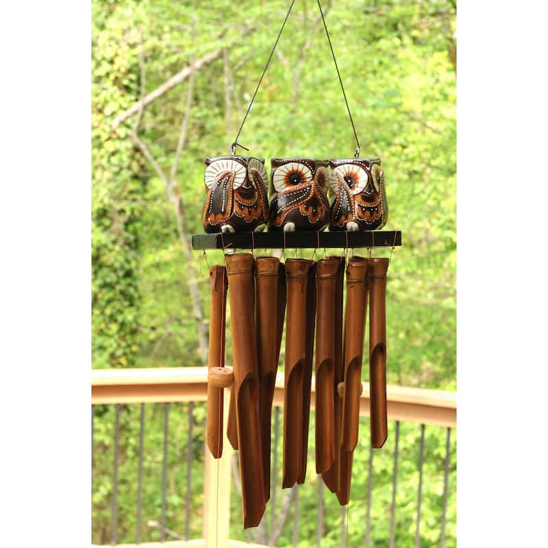 Handmade Wooden See Hear Speak No Evil Owl Bamboo Wind Chime Wood Statue Figurine Hoot Sculpture Patio Garden Outdoor Decor