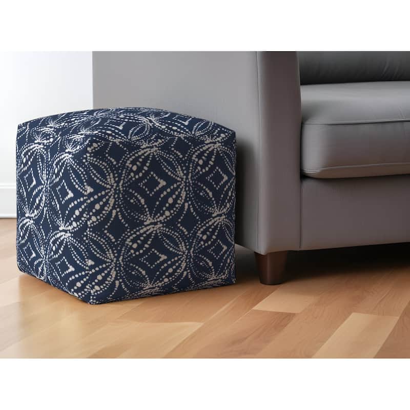 HomeRoots 17" Blue and White Canvas Damask Pouf Ottoman