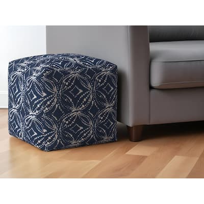 HomeRoots 17" Blue and White Canvas Damask Pouf Ottoman