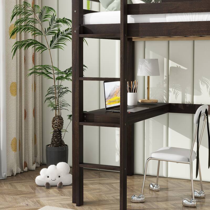 Twin High Loft Bed with Built-in Desk, Safety Guardrail, and Ladder, Espresso Finish