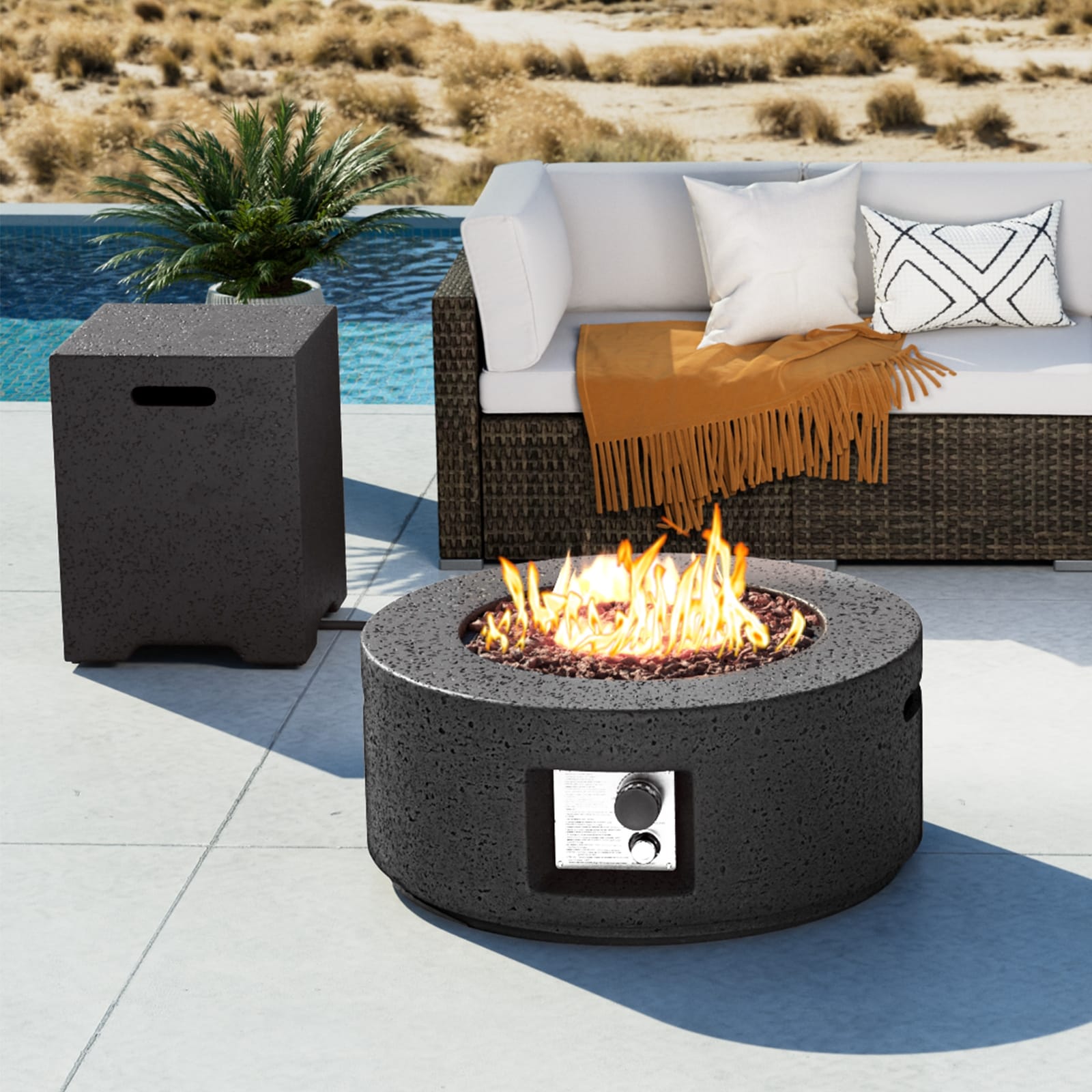 COSIEST Outdoor Propane Fire Pit Coffee Table, 28-inch Terrazzo Round Base  Patio Heater, 40,000 BTU Stainless Steel Burner, Free Lava Rocks