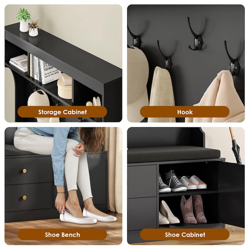 Hall Tree with Bench and Shoe Storage, Mud Room with Seating and 7 Hooks, 6-in-1,for Entryway, 70.9"