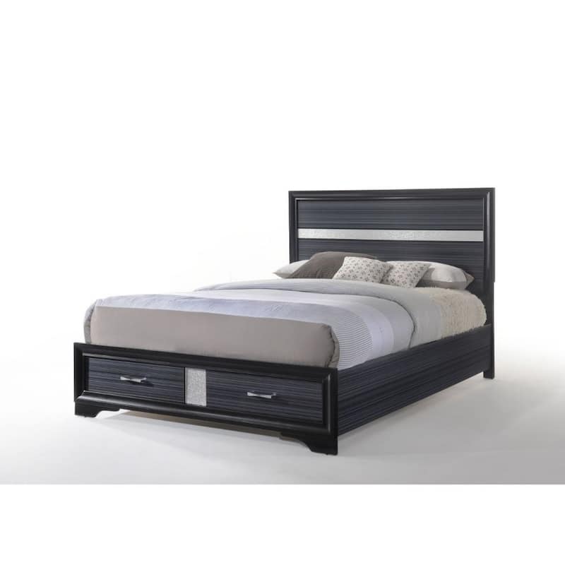 Nae Queen Size Bed, Rubberwood, Gray, Textured, Shimmery Acrylic Trim