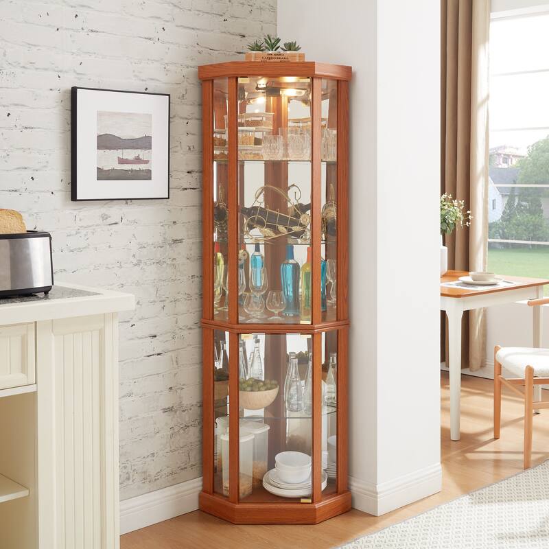 Lighted Corner Curio Cabinet, Elegant Glass Display Case for Living Room & Bar Storage