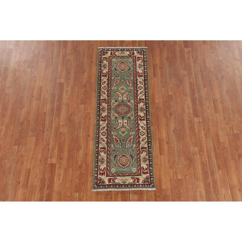 Light Green Kazak Runner Rug Handmade Oriental Wool Carpet - 2'1" x 5'11"