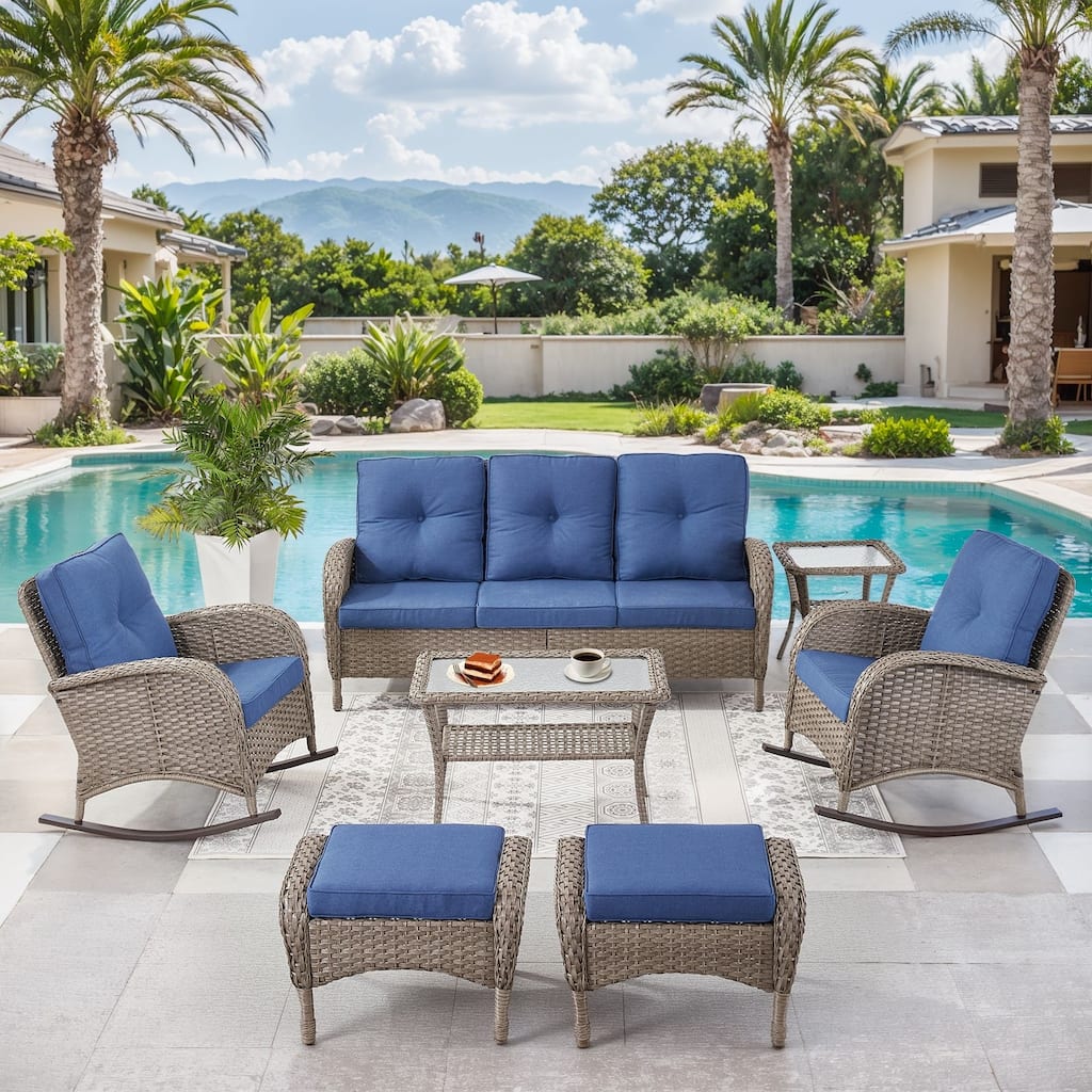 7 Pieces Rocker Chairs Sofa Ottomans Grey-Blue - Grey