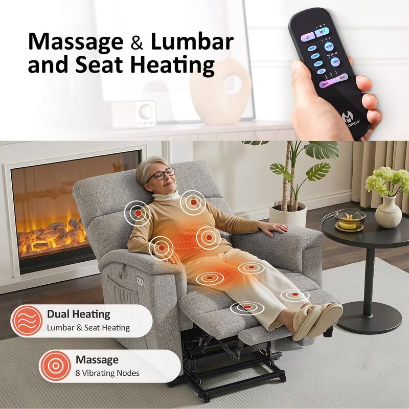 MCombo Power Recliner Lift Chair with Massage, Dual Heating and Adjustable Headrest for Big Elderly People, Fabric R7605