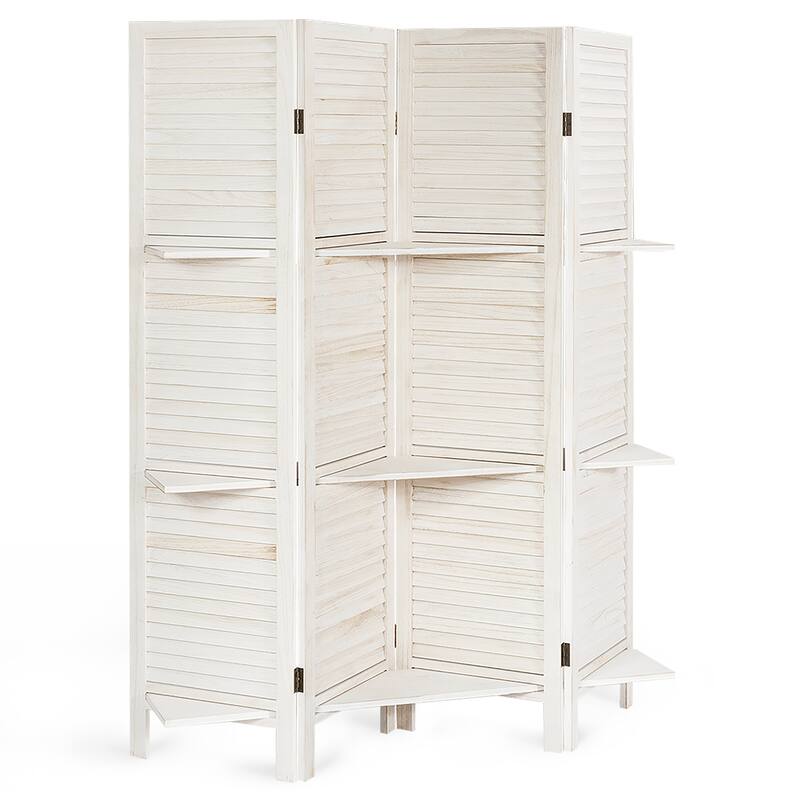 4 Panel 5.6 Ft Tall Wood Room Divider with 3 Display Shelves