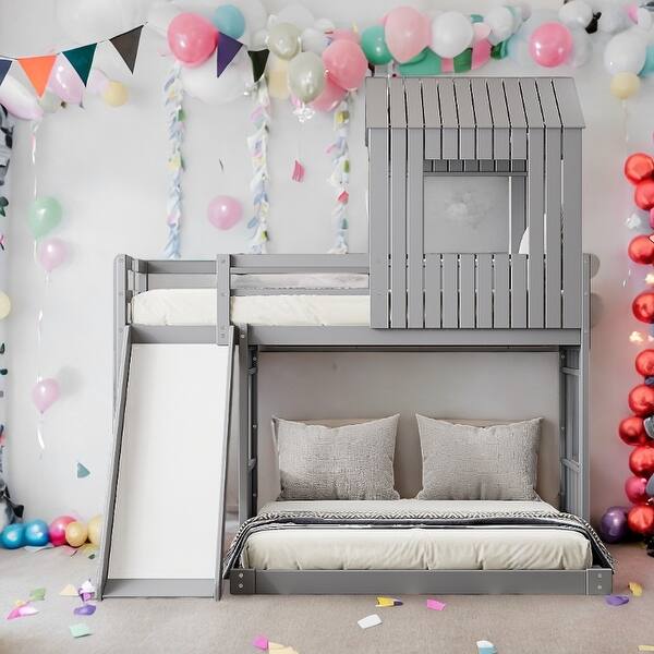 slide 2 of 16, Playhouse-inspired Style Twin Over Full Wooden Bunk Bed,Loft Bed with Playhouse,Farmhouse, Ladder, Slide and Guardrails Gray