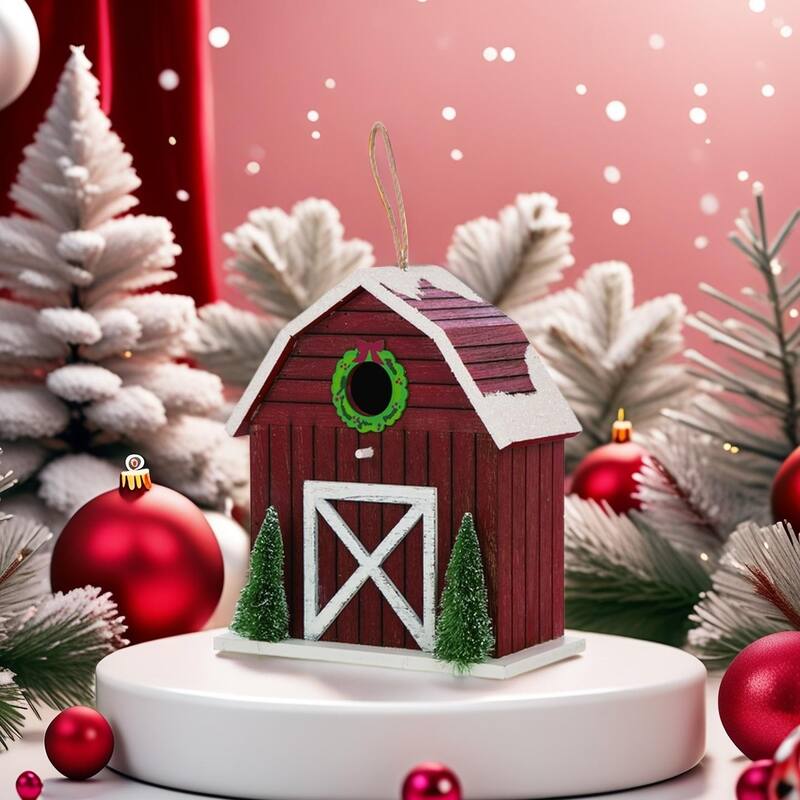 Glitzhome 10"H Merry Christmas Solid Wood Barn Birdhouse with Trees