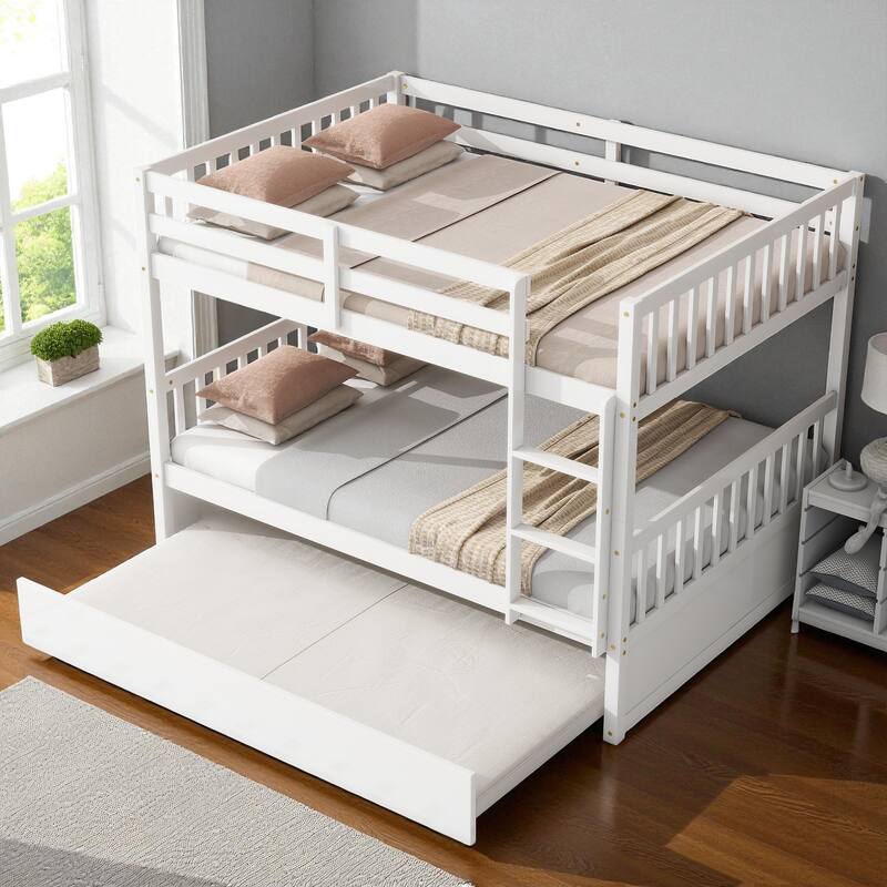 Full Over Full Rubber Wood Bunk Bed with Trundle, Convertible into Two Full Beds, Ladder and Guardrails Included