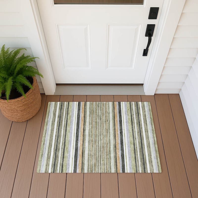 Machine Washable Indoor/ Outdoor Modern Stripes Chantille Rug - Olive - 1'8" x 2'6"