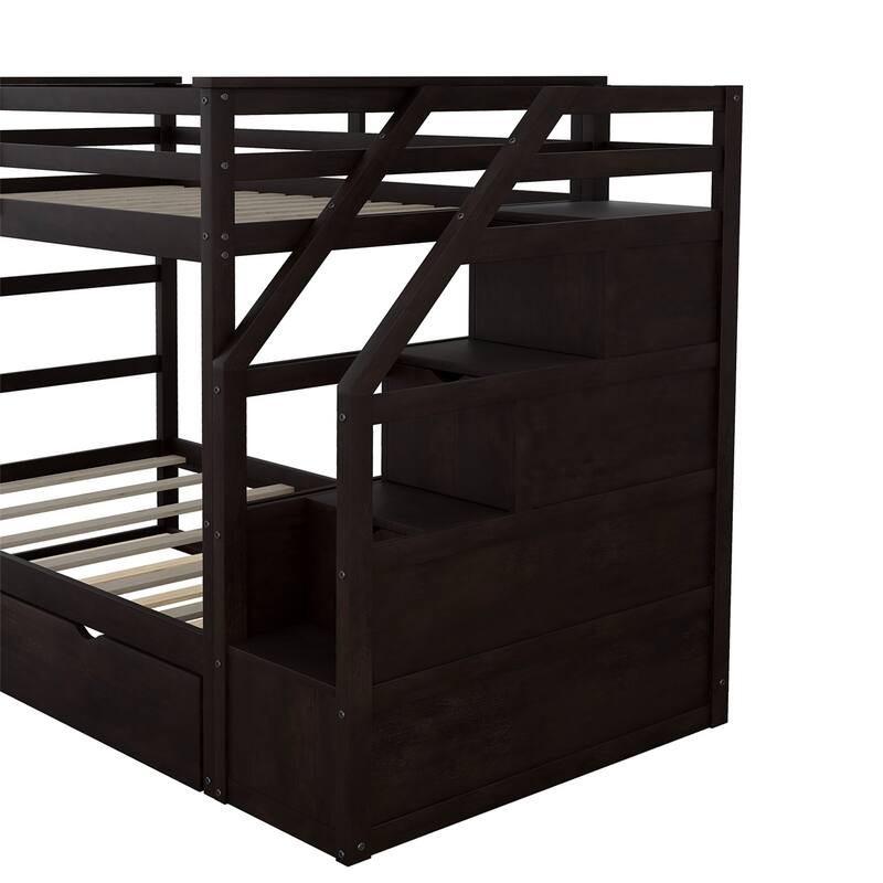 Merax Wood Bunk Bed with Twin Size Trundle and 3 Storage Stairs