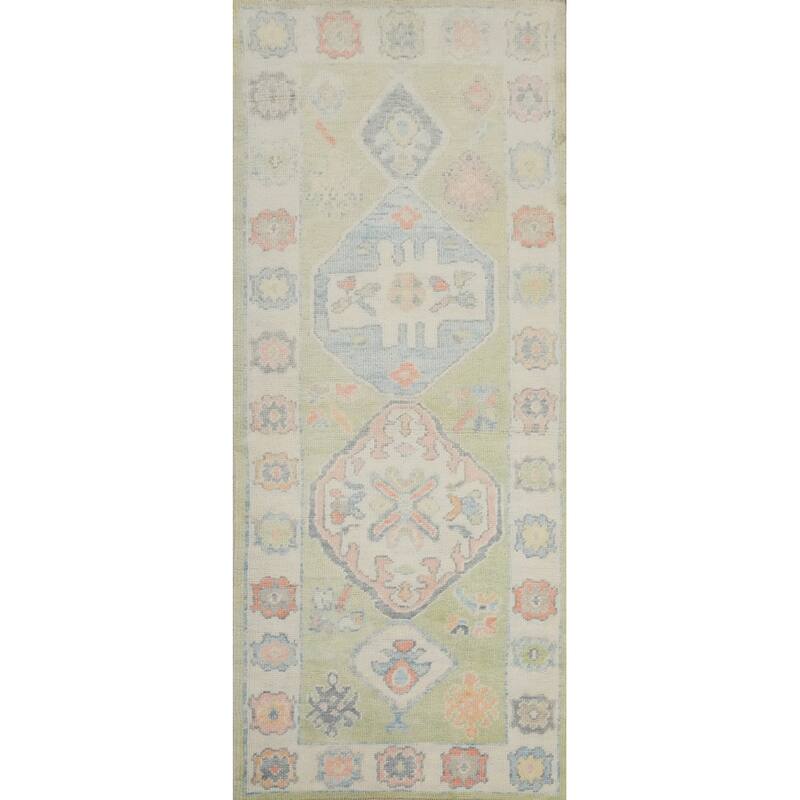 Hand Knotted Oriental 100% Wool Carpet Transitional Geometric Green Oushak Runner Rug - 7' 11'' X 3' 0''