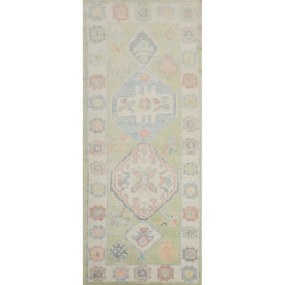 Hand Knotted Oriental 100% Wool Carpet Transitional Geometric Green Oushak Runner Rug - 7' 11'' X 3' 0''