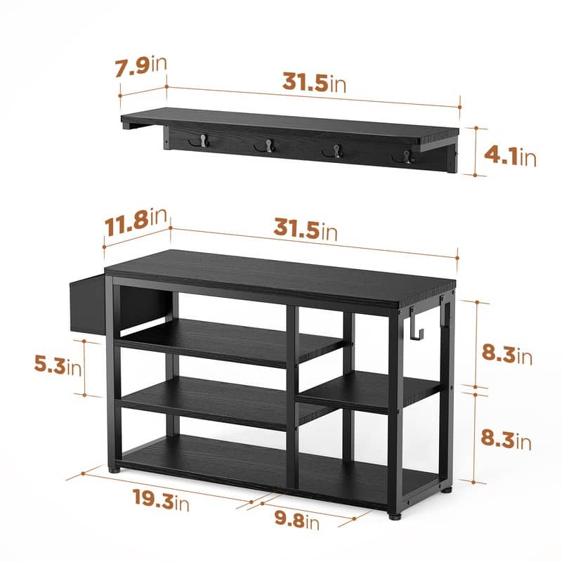 Industrial Hall Tree, 4-in-1 Entryway Coat Rack and Shoe Bench Rack Set with 5 Shoe Storage Cabinets