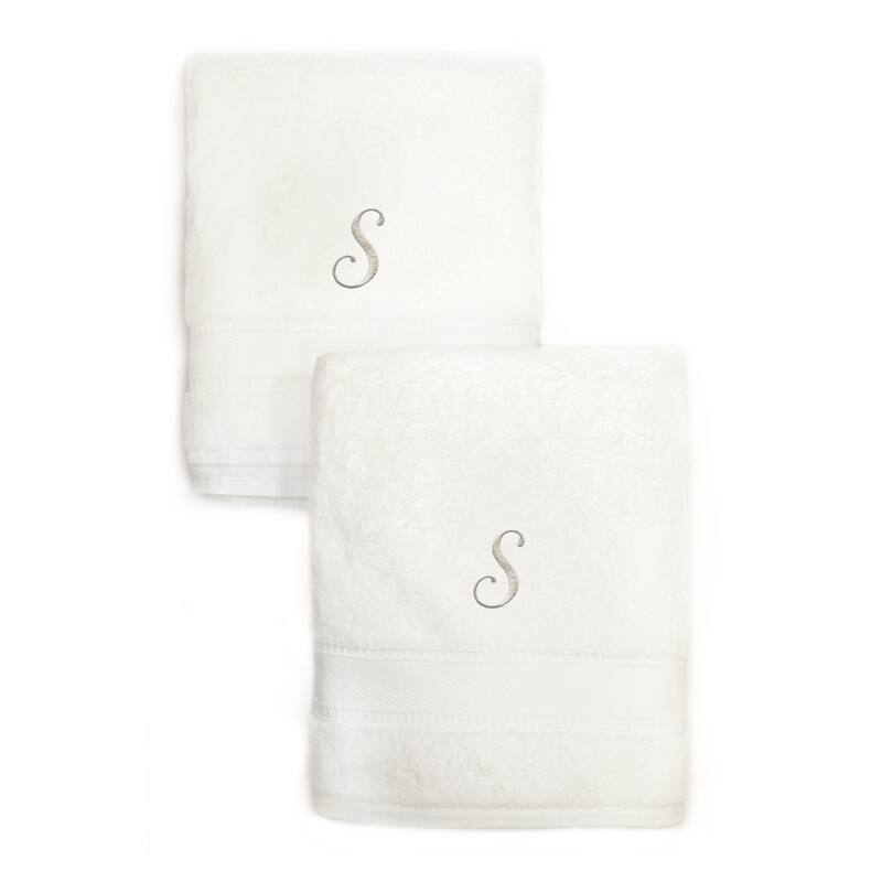 Authentic Hotel and Spa 2-piece White Turkish Cotton Hand Towels with Silver Script Monogrammed Initial - White - S